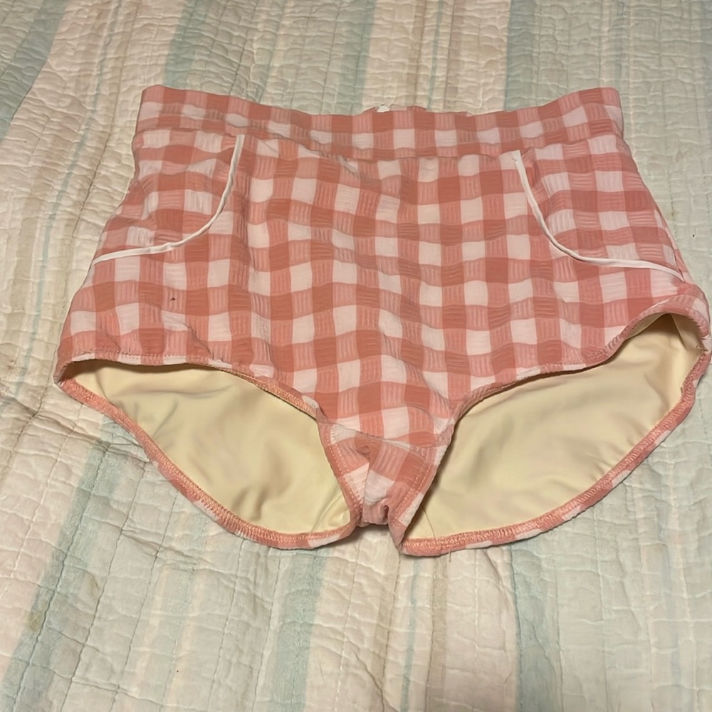 High-Waist Pink Gingham Swim Shorts